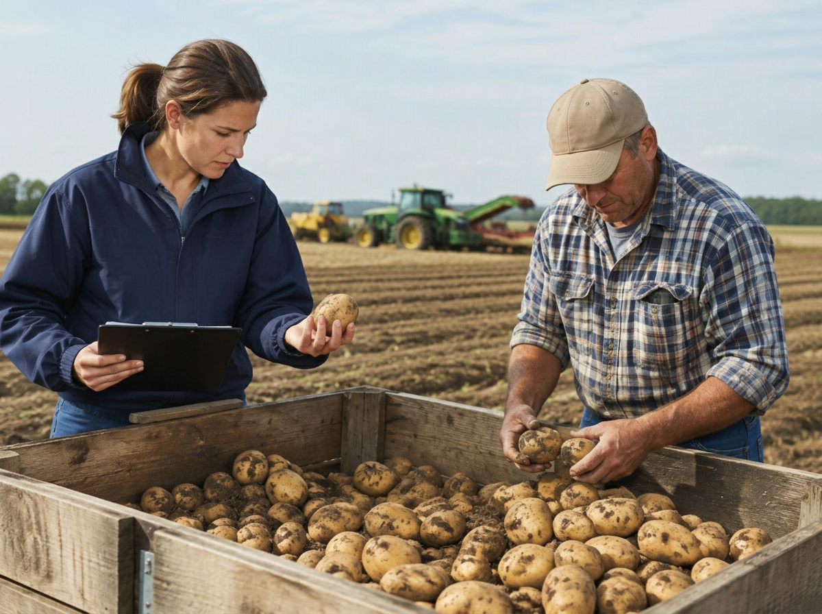 Procurement representative and farmer examining potatoes from a wooden harvest bin on a US farm