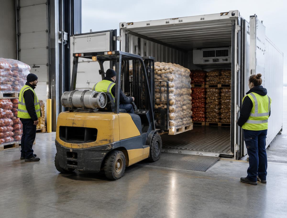 Forklift loading pallets of bagged potatoes and onions into a refrigerated container while workers stand clear