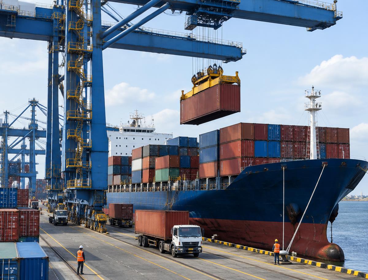 Gantry crane lifting a container onto a cargo ship at a container terminal