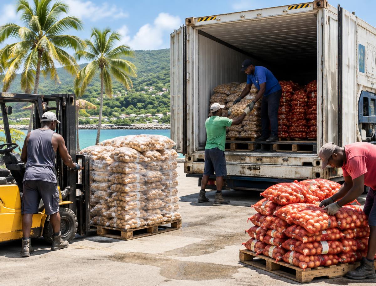 Workers unloading bagged produce from a container at a tropical logistics yard