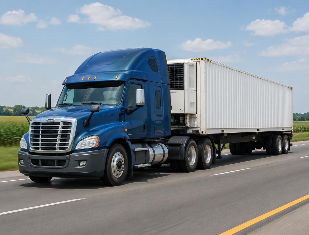 Tractor-trailer hauling a refrigerated container along a US highway